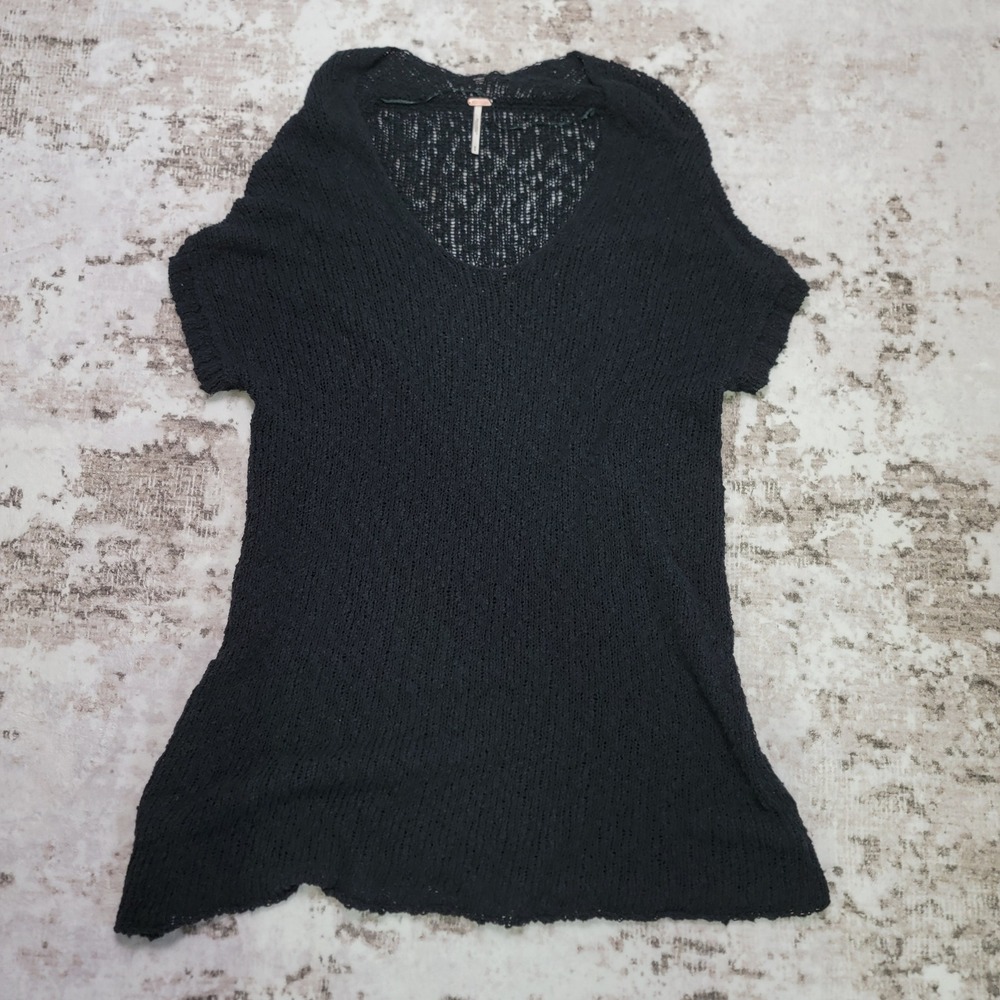 Free People Black Open Knit Sweater Festival Dress Boho Beach Cover Up Slouchy M
